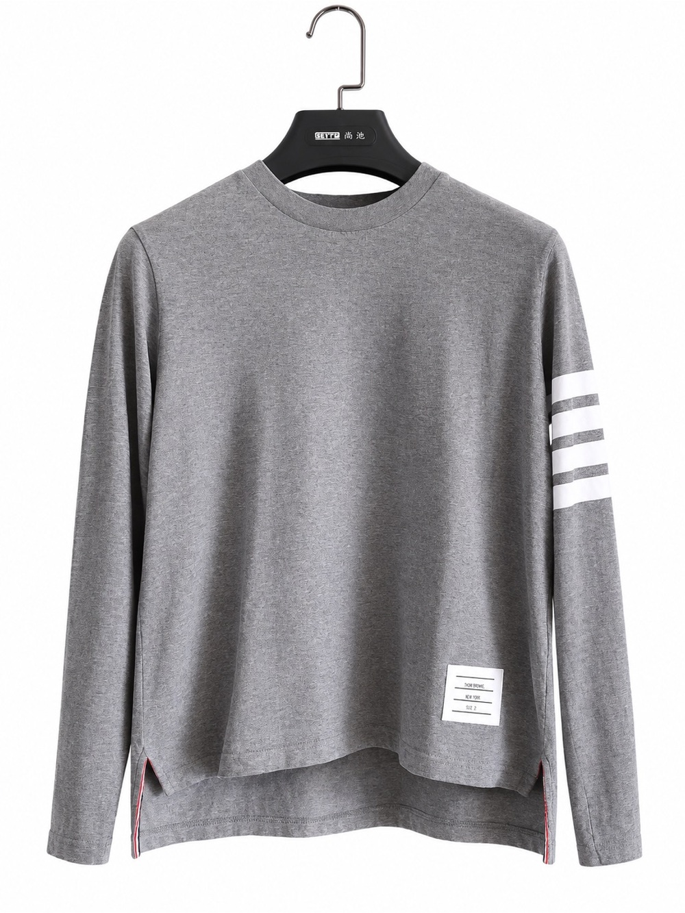 🚩steal Thom Browne Gray Crewneck Long-Sleeve Top with Sleeve Stripes